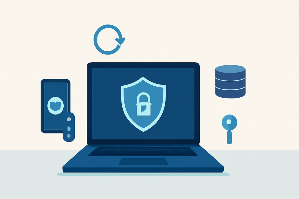Illustration of a laptop with a shield, surrounded by symbols for authentication, updates, backups, and access controls.